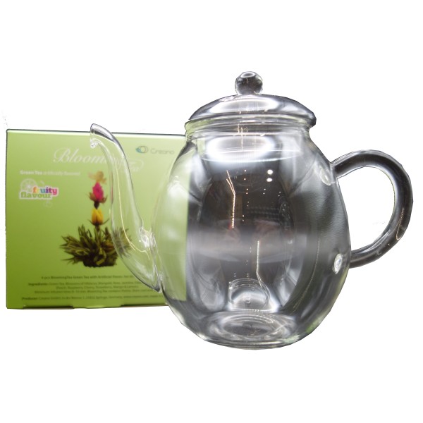 Coffret Cadeau Théière en Verre + 6 Fleurs de Thé Vert Fruité Aromatisé