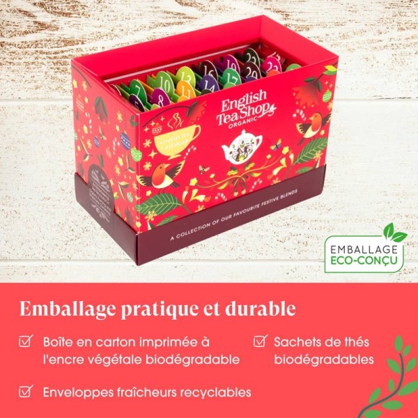 Calendrier de l’Avent à Cartes Rouge Bio – 25 sachets de thés et infusions English Tea Shop