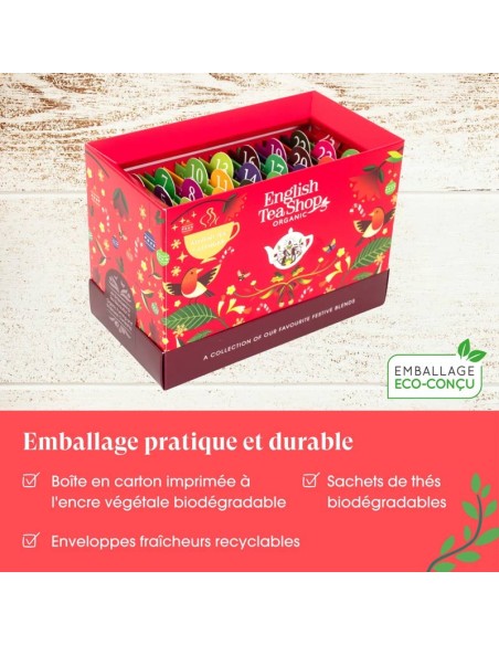 Calendrier de l’Avent à Cartes Rouge Bio – 25 sachets de thés et infusions English Tea Shop