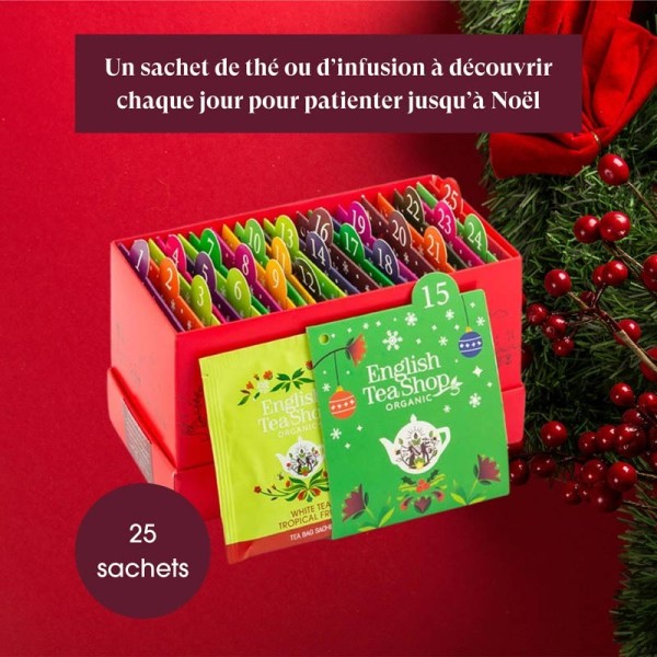 Calendrier de l’Avent à Cartes Rouge Bio – 25 sachets de thés et infusions English Tea Shop